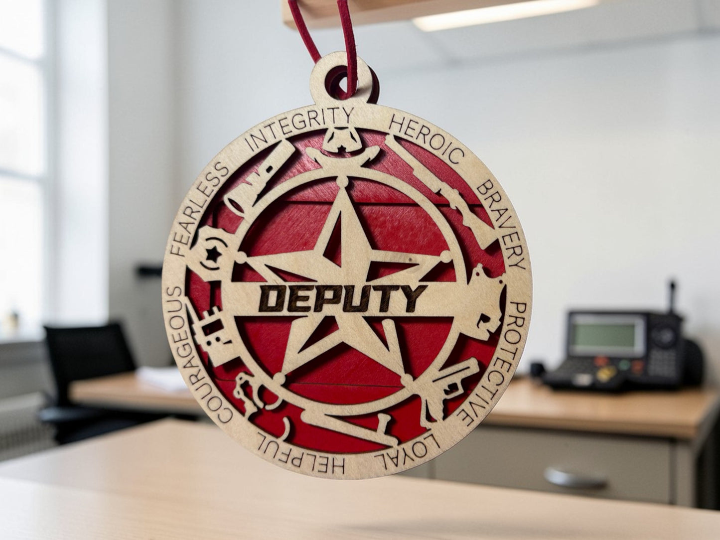 Wooden deputy gift card holder for law enforcement – round star medallion ornament with hanging cord