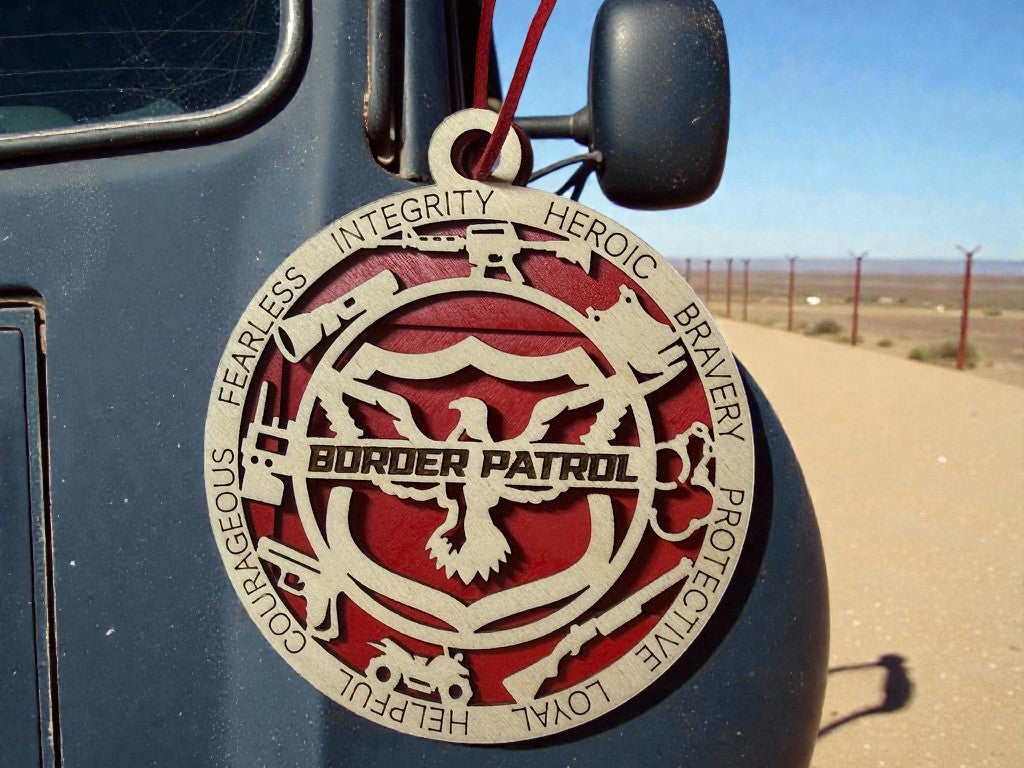 Border Patrol agent appreciation gift – handmade layered wood medallion holding a gift card, personalized with a name