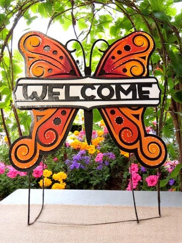 Butterfly Welcome Sign – Handcrafted Wooden Door Hanger with Bright Orange Wings for Spring & Summer Decor