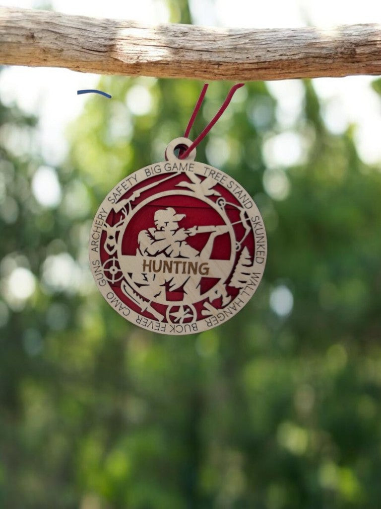 Hunting appreciation gift: handmade layered wood medallion personalized with a name, available in four colors