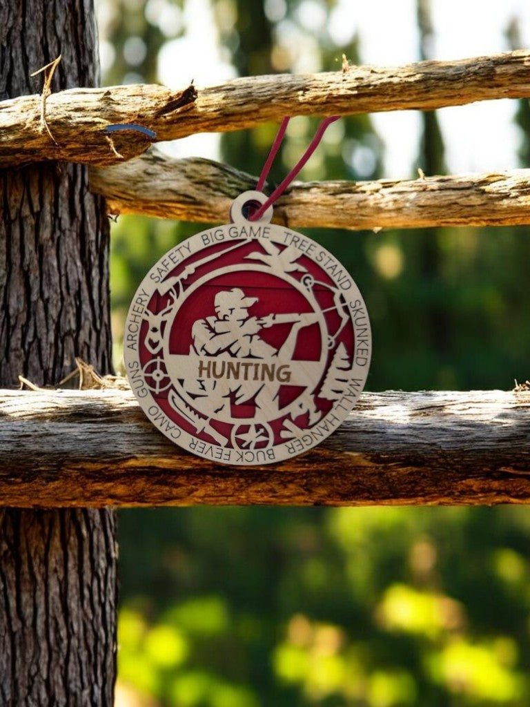 Hunting appreciation gift: handmade layered wood medallion personalized with a name, available in four colors