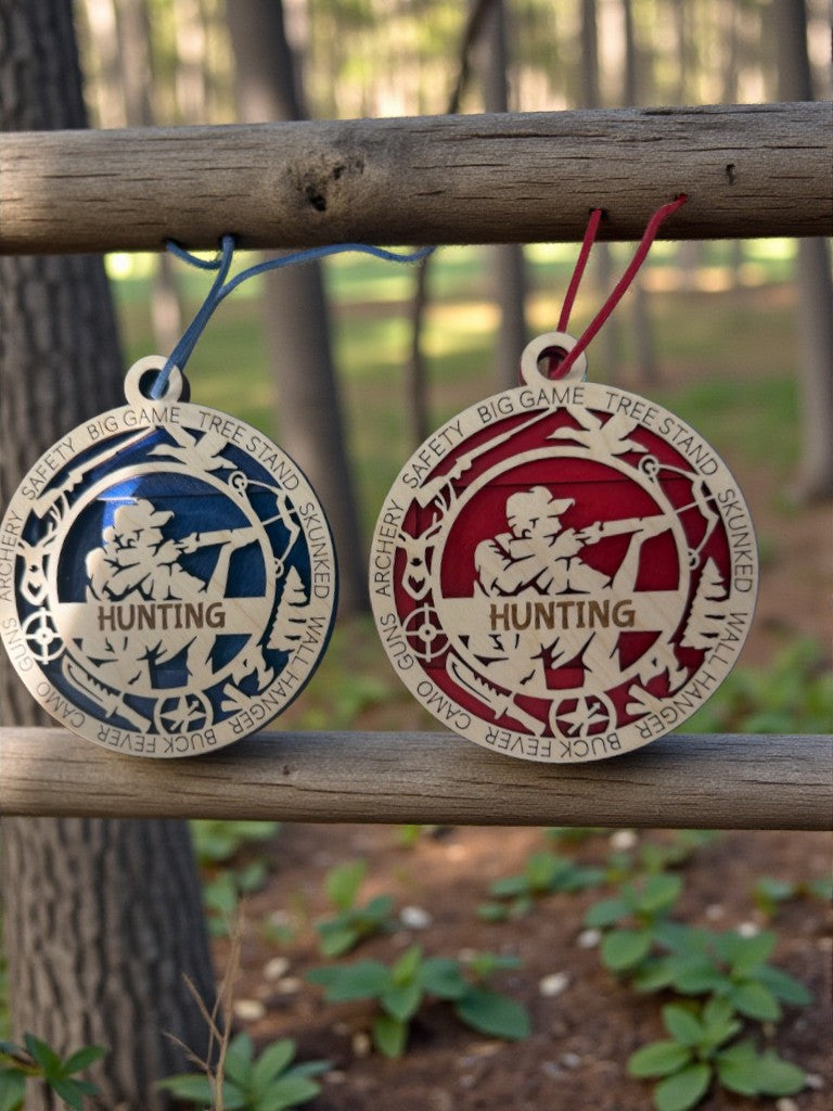 Hunting appreciation gift: handmade layered wood medallion personalized with a name, available in four colors