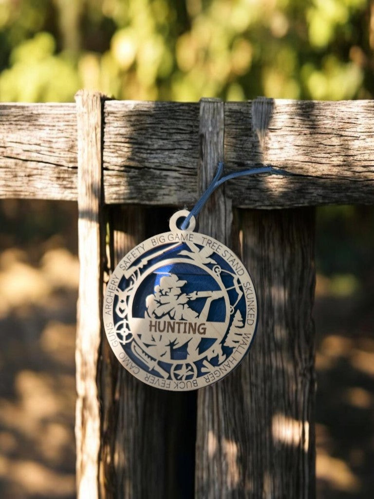 Hunting appreciation gift: handmade layered wood medallion personalized with a name, available in four colors