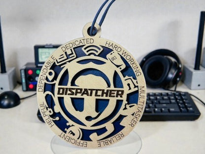 911 dispatcher appreciation gift – handmade layered wood medallion engraved DISPATCHER, personalized with a name