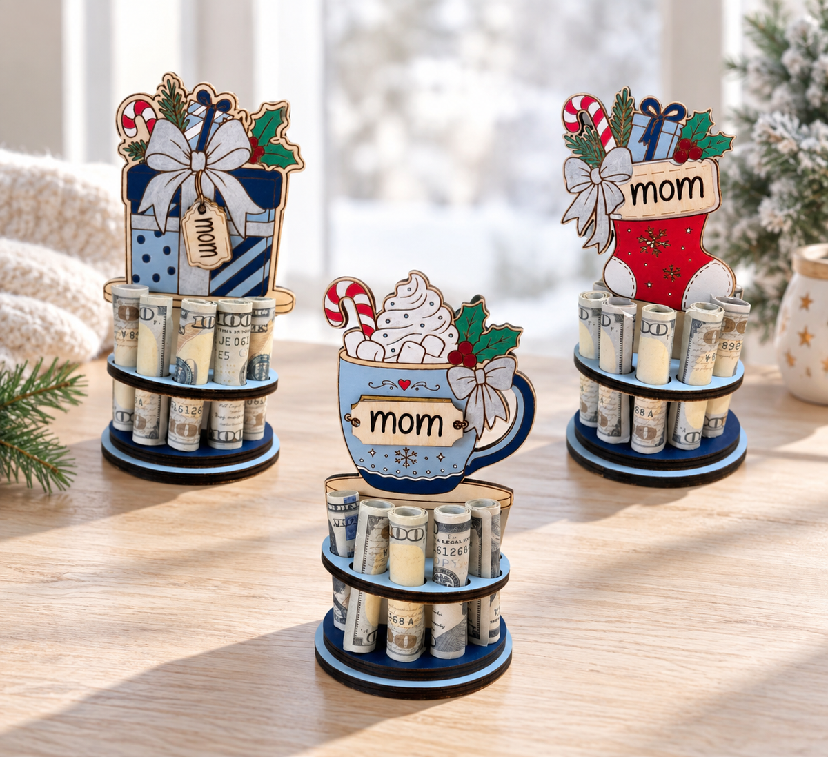 Personalized Hot Cocoa Money Tree | Christmas Cash Gift for Mom | Handmade Wood