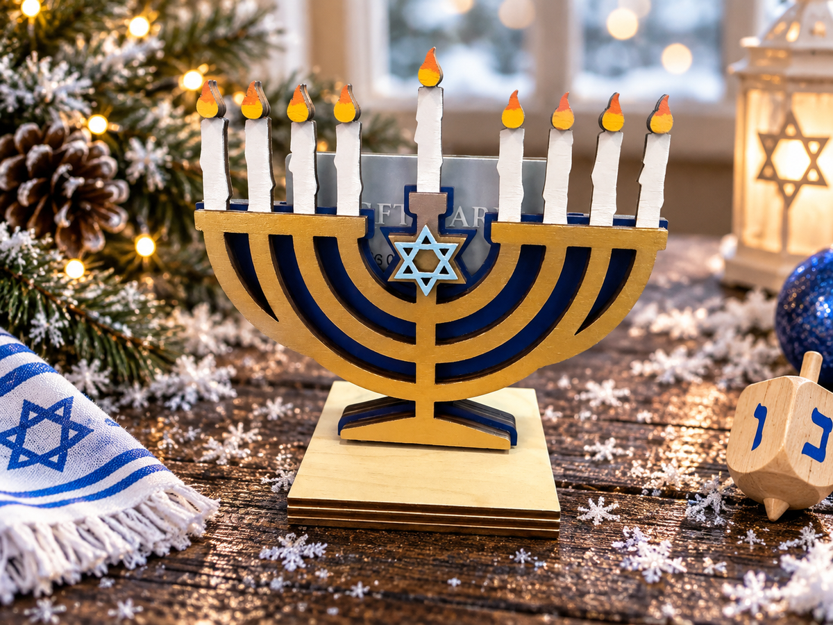 Menorah Gift Card Holder | Wood Hanukkah Menorah with Gift Card | Handcrafted