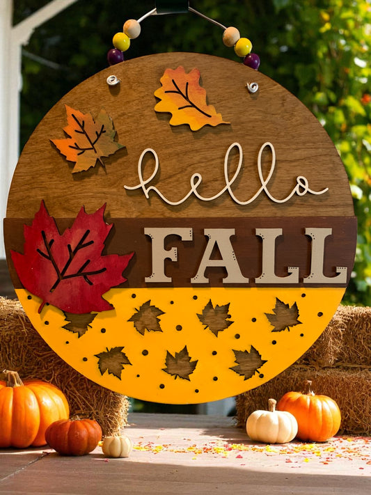 Hello Fall Wooden Door Hanger – Rustic Autumn Front Porch Sign with Colorful Leaves