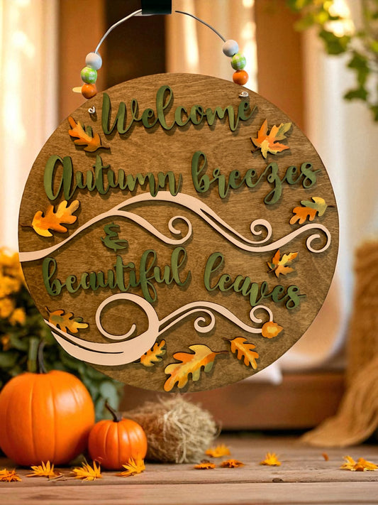 Welcome Autumn Breezes Wooden Fall Sign – Handcrafted Leaf Wall Décor – Rustic Seasonal Home Accent