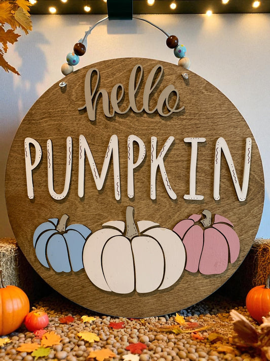 Hello Pumpkin Fall Door Hanger – Rustic Farmhouse Autumn Porch Sign with Pastel Pumpkins