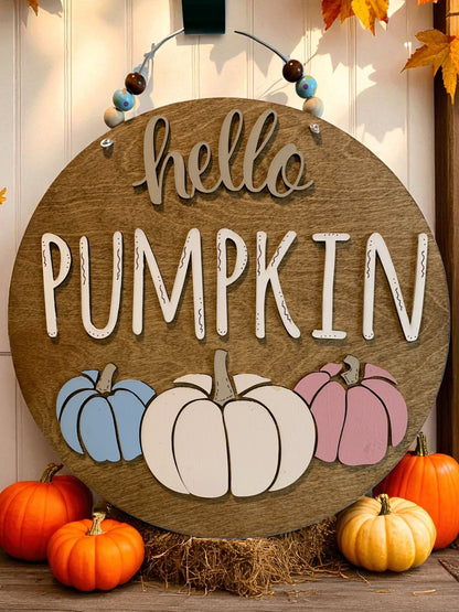 Hello Pumpkin Fall Door Hanger – Rustic Farmhouse Autumn Porch Sign with Pastel Pumpkins