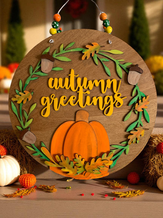 Autumn Greetings Wooden Sign – Rustic Fall Porch & Wall Décor – Handmade Pumpkin & Leaf Accent