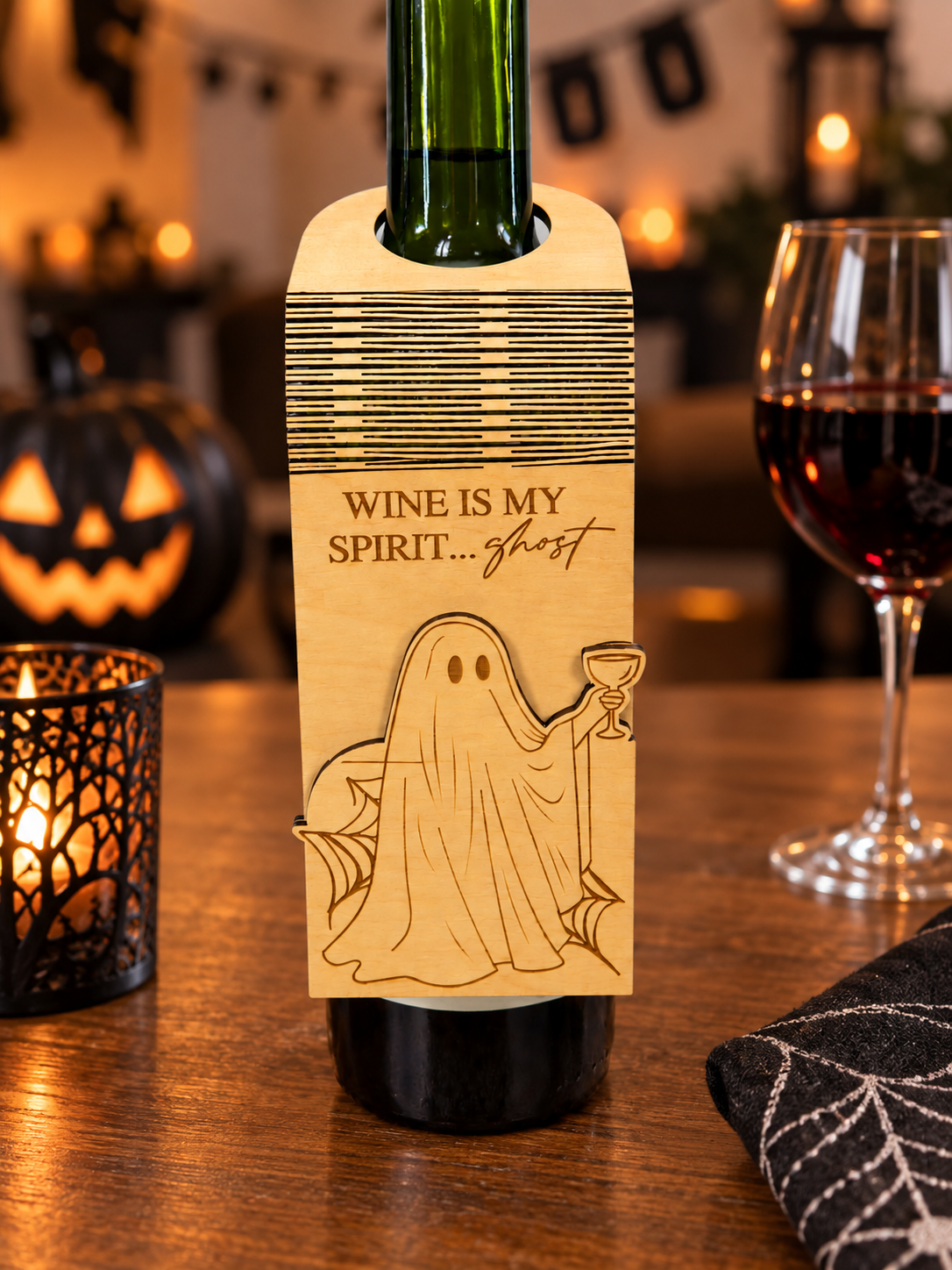 Ghost Wine Bottle Tag Gift Card Holder | Halloween Hostess Gift | Handmade Wood