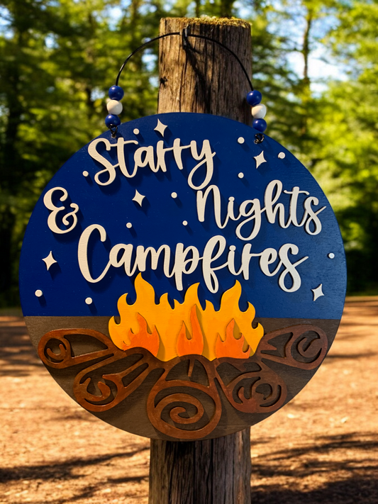 Starry Nights & Campfires Sign – Rustic Camping Decor – Cozy Outdoor Cabin Wall Art