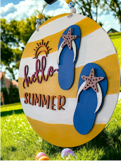 Hello Summer Flip Flop Door Sign – Fun Beach House Welcome Decor – Handmade Summer Front Porch Sign