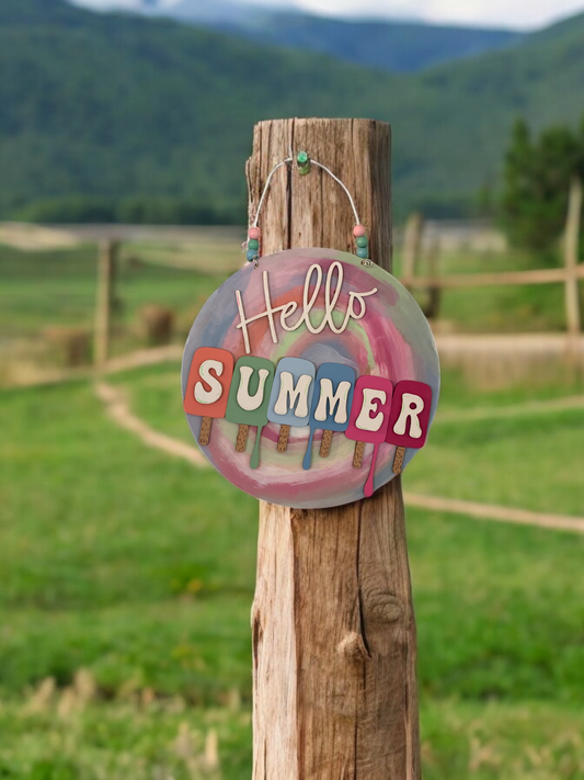 Hello Summer Ice Cream Sign – Colorful Summer Door Hanger – Fun Seasonal Wall Decor