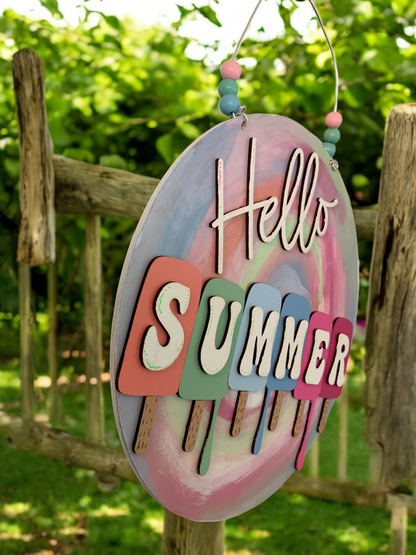 Hello Summer Ice Cream Sign – Colorful Summer Door Hanger – Fun Seasonal Wall Decor