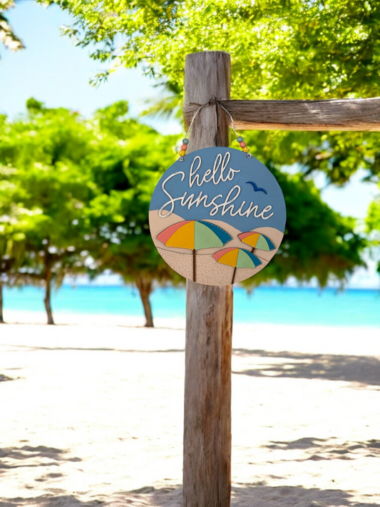 Hello Sunshine Beach Door Hanger – Colorful Umbrella Summer Welcome Sign – Handmade Coastal Decor