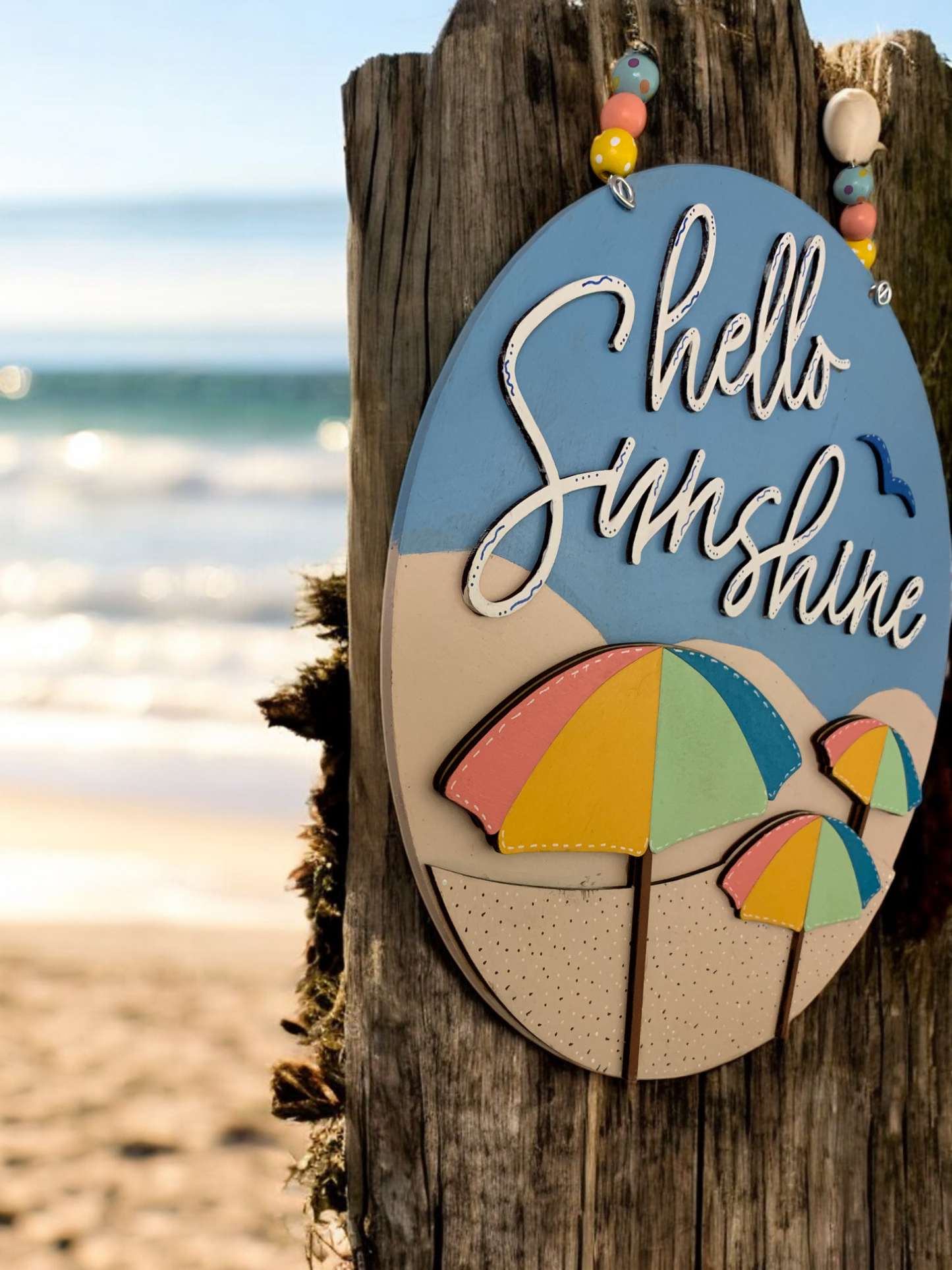 Hello Sunshine Beach Door Hanger – Colorful Umbrella Summer Welcome Sign – Handmade Coastal Decor