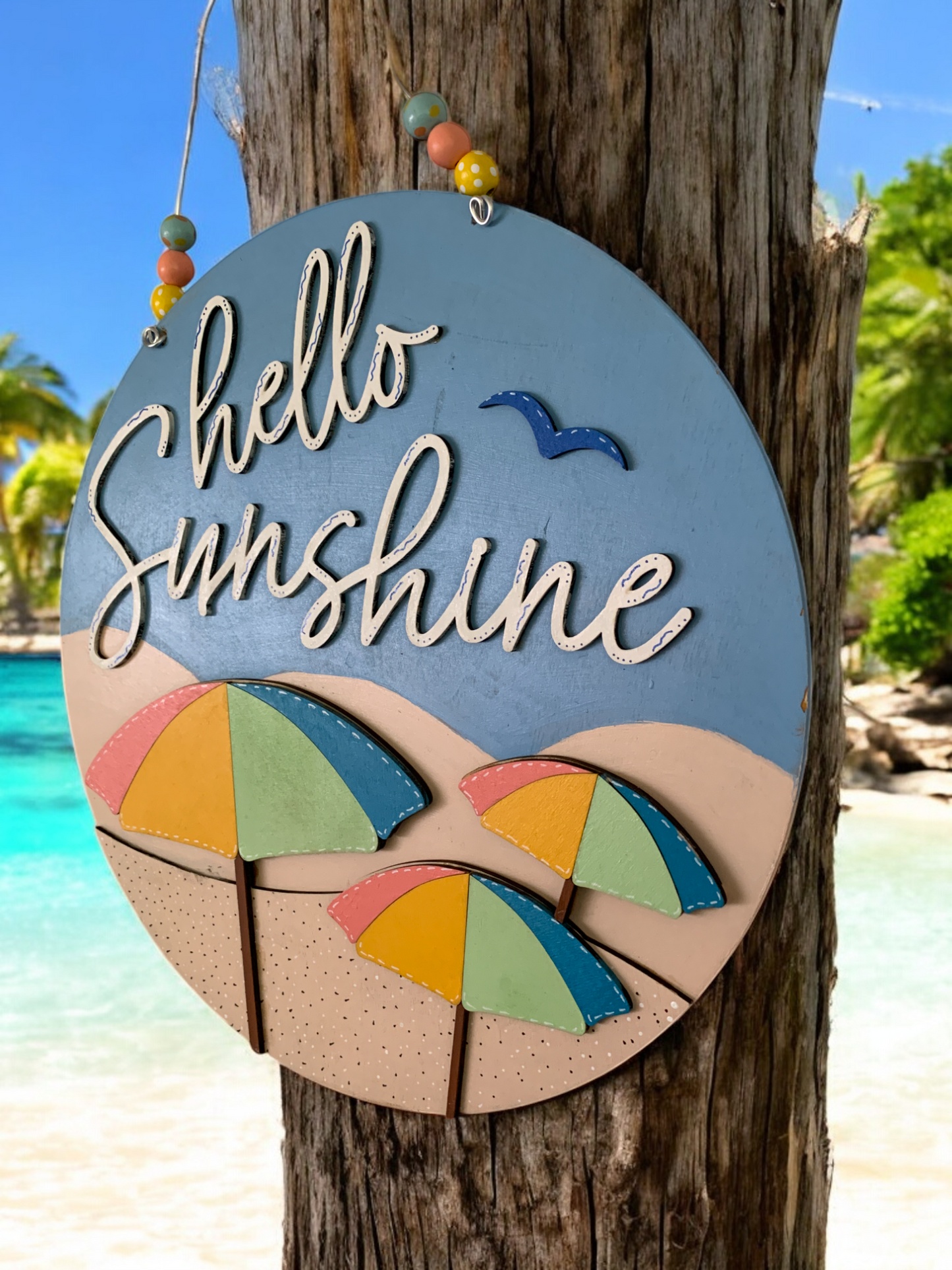 Hello Sunshine Beach Door Hanger – Colorful Umbrella Summer Welcome Sign – Handmade Coastal Decor