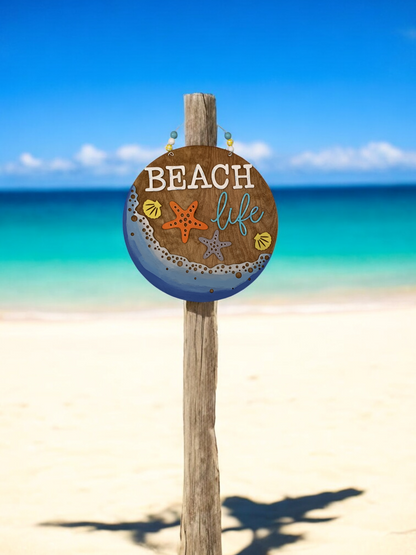 Beach Life Door Hanger – Coastal Summer Welcome Sign with Starfish & Seashells – Handmade Ocean Decor