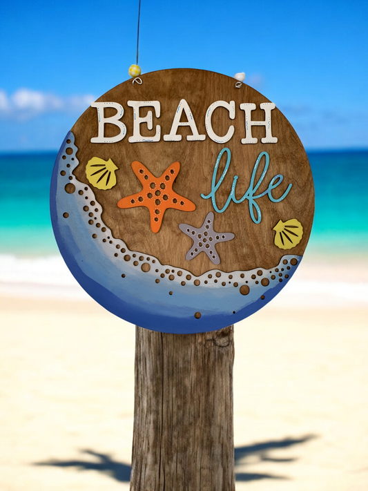 Beach Life Door Hanger – Coastal Summer Welcome Sign with Starfish & Seashells – Handmade Ocean Decor