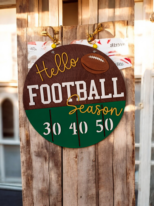 Hello Football Season Wooden Sign – Rustic Game Day Door Hanger – Handmade Sports Porch Decor