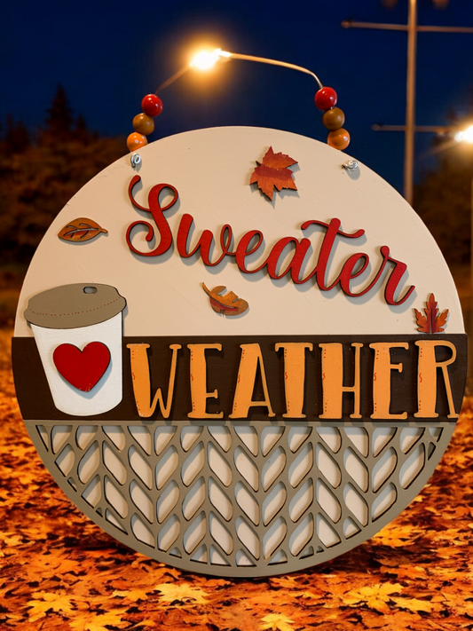 Sweater Weather Wooden Sign – Cozy Fall Door Hanger with Pumpkins & Boots – Handmade Autumn Decor