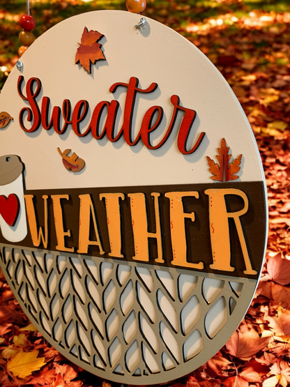Sweater Weather Wooden Sign – Cozy Fall Door Hanger with Pumpkins & Boots – Handmade Autumn Decor