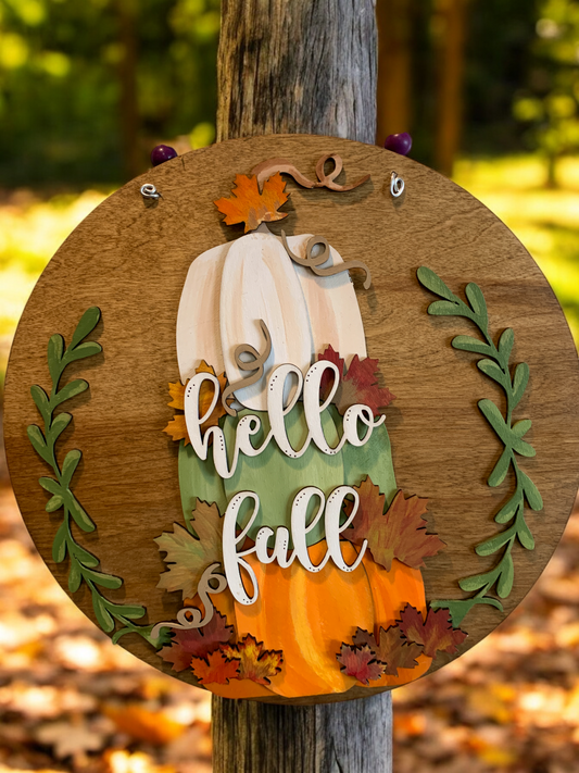 Hello Fall Pumpkin Sign – Rustic Stacked Pumpkin Fall Decor – Handmade Autumn Wall Art