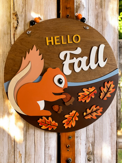 Hello Fall Squirrel Sign – Handmade Autumn Wall Decor – Cute Woodland Fall Door Hanger
