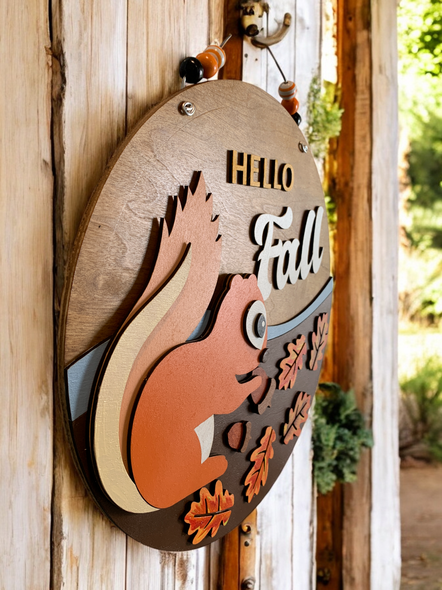 Hello Fall Squirrel Sign – Handmade Autumn Wall Decor – Cute Woodland Fall Door Hanger