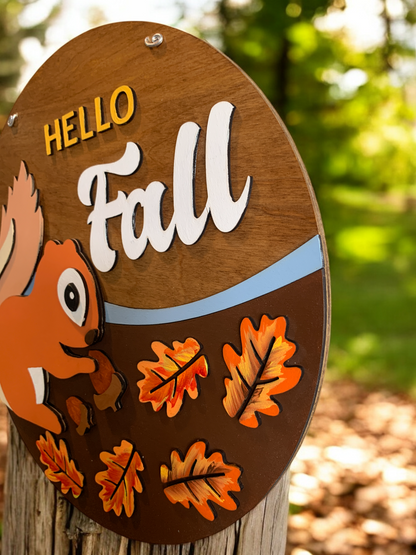 Hello Fall Squirrel Sign – Handmade Autumn Wall Decor – Cute Woodland Fall Door Hanger