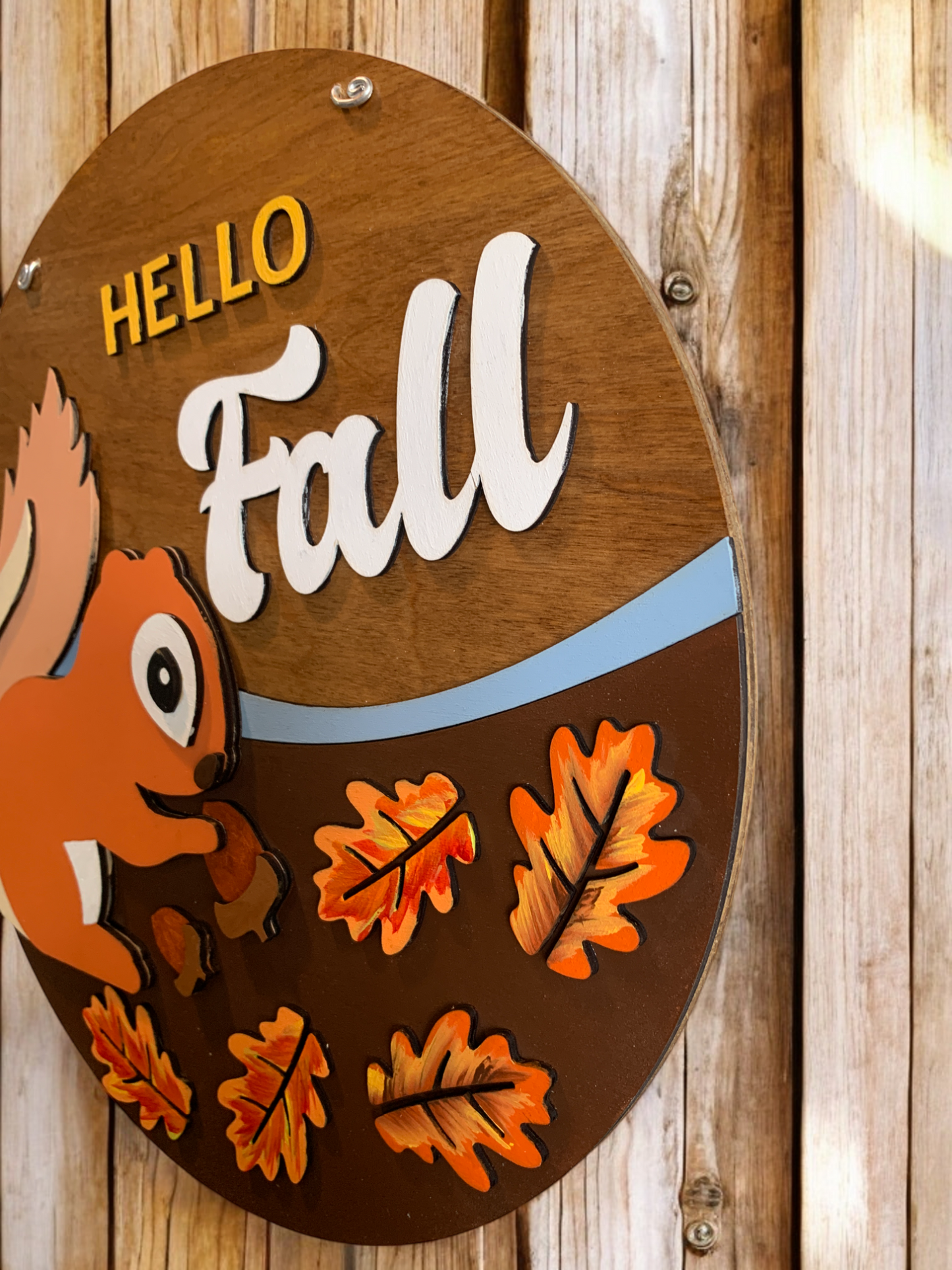Hello Fall Squirrel Sign – Handmade Autumn Wall Decor – Cute Woodland Fall Door Hanger