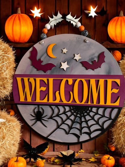 Halloween Welcome Sign – Round Wooden Spider Web and Bat Door Hanger – Spooky Fall Porch Decor