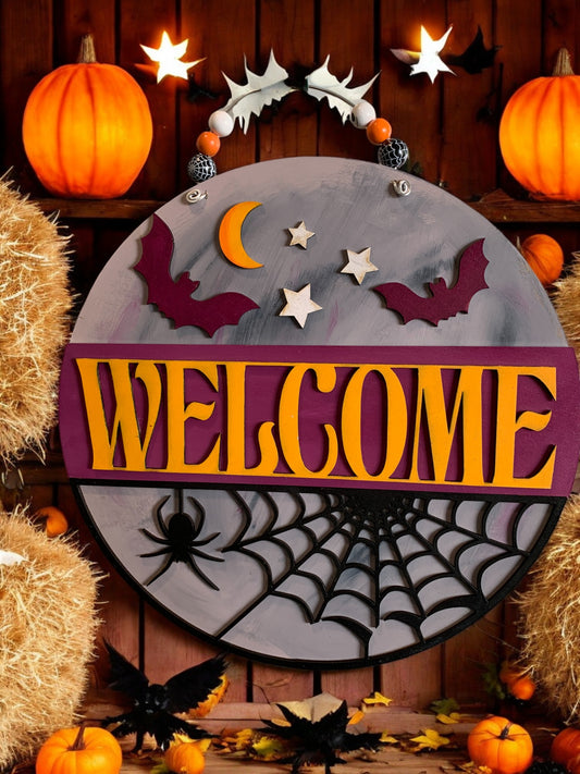 Halloween Welcome Sign – Round Wooden Spider Web and Bat Door Hanger – Spooky Fall Porch Decor