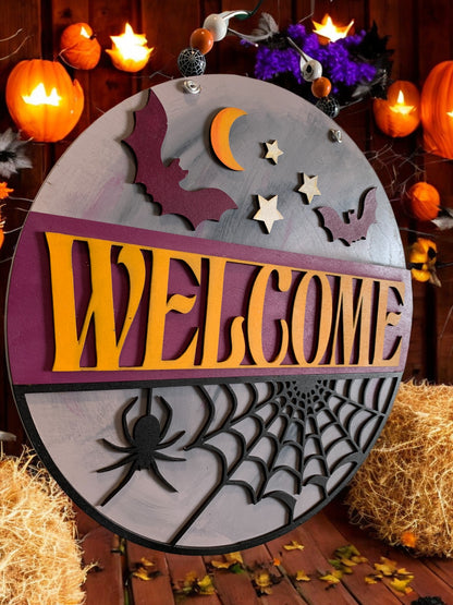 Halloween Welcome Sign – Round Wooden Spider Web and Bat Door Hanger – Spooky Fall Porch Decor