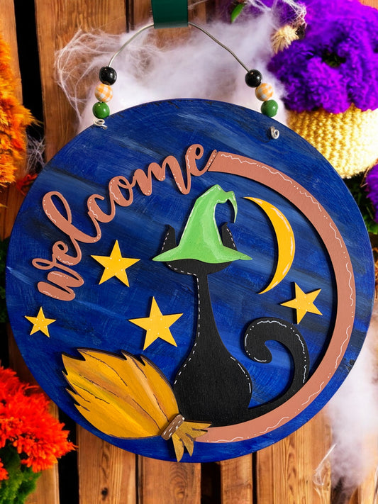 Black Cat Welcome Sign – Witch Hat Halloween Wooden Door Hanger