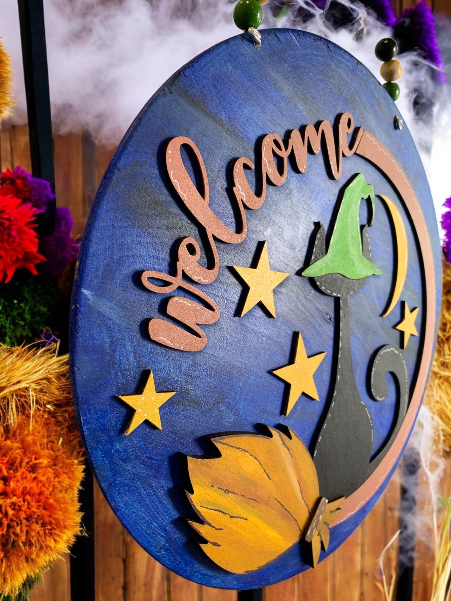 Black Cat Welcome Sign – Witch Hat Halloween Wooden Door Hanger