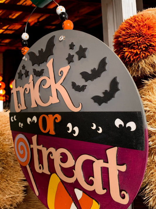 Trick or Treat Halloween Door Sign – Candy & Bat Wooden Round – Hand Painted Porch Décor