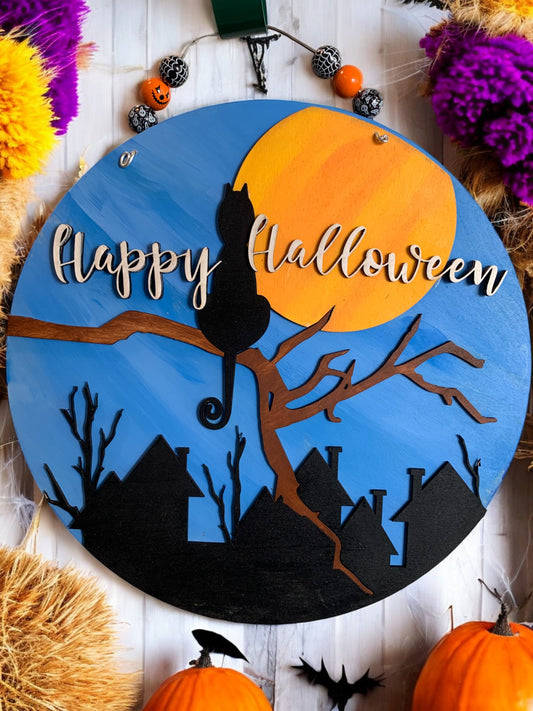 Black Cat Halloween Round Door Sign – Happy Halloween Wooden Porch Décor