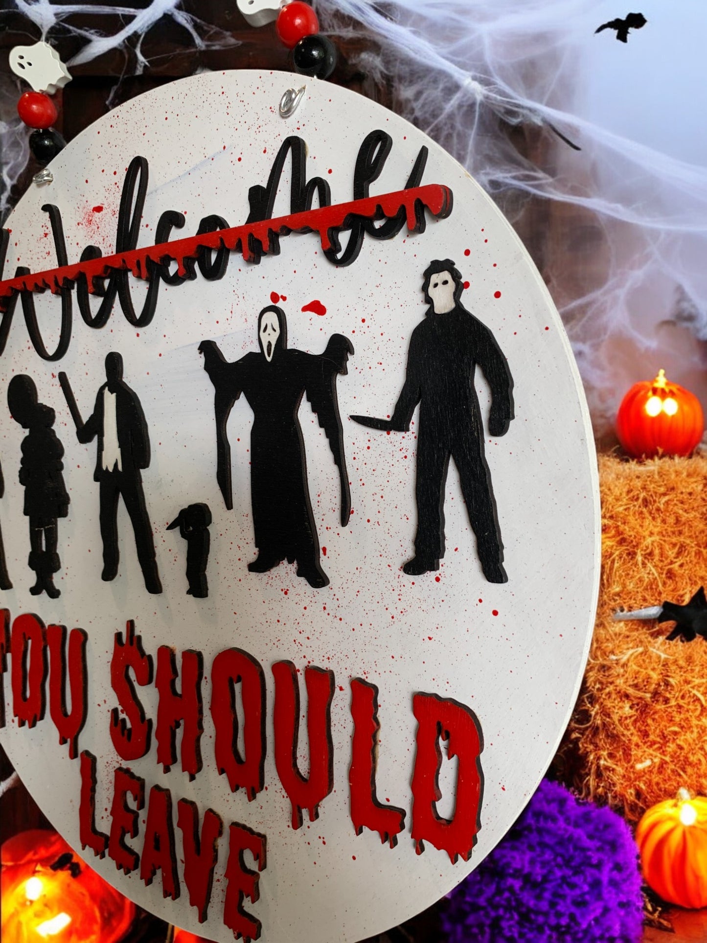 You Should Leave Halloween Sign – Horror Movie Wooden Door Hanger