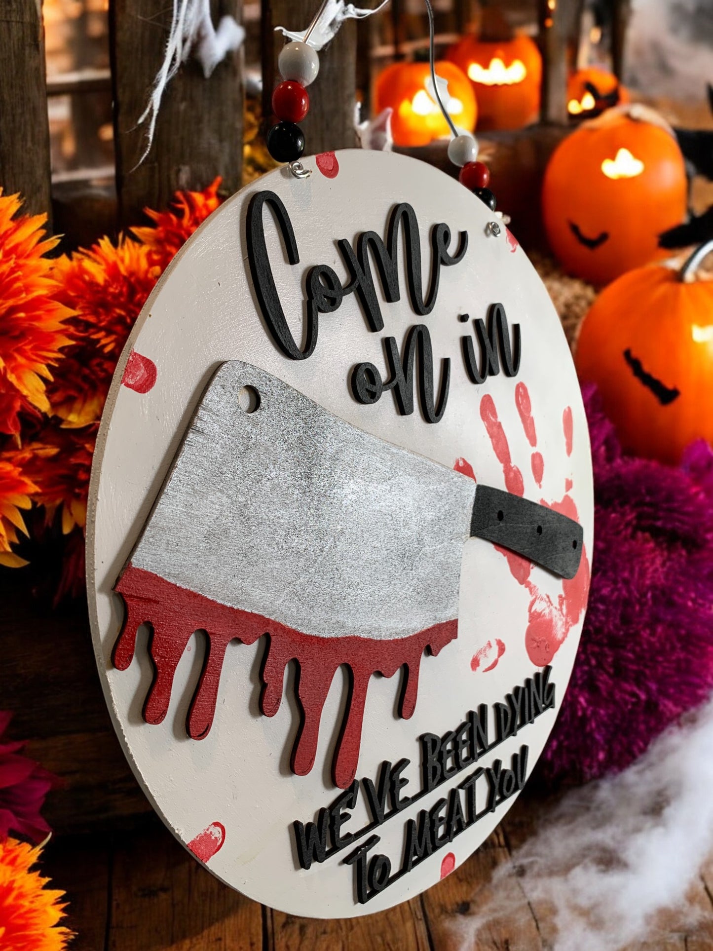 Halloween Butcher Welcome Sign – Bloody Meat Cleaver Door Hanger – Creepy Haunted House Decor