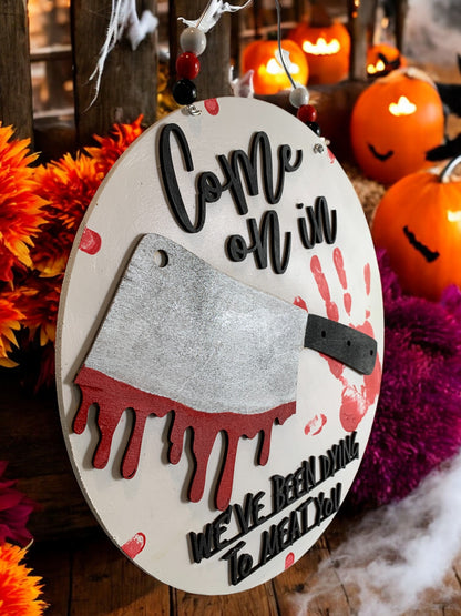 Halloween Butcher Welcome Sign – Bloody Meat Cleaver Door Hanger – Creepy Haunted House Decor