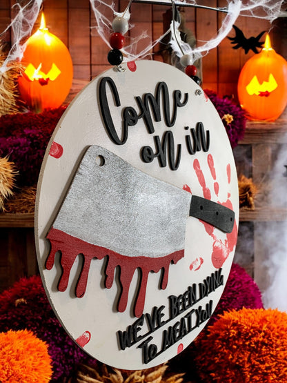 Halloween Butcher Welcome Sign – Bloody Meat Cleaver Door Hanger – Creepy Haunted House Decor