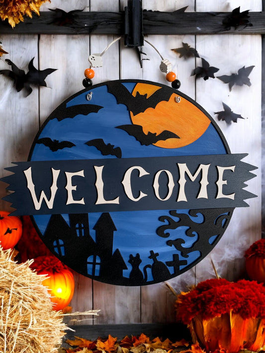 Halloween Welcome Door Sign – Round Wooden Haunted House Wall Decor – Spooky Fall Porch Decoration
