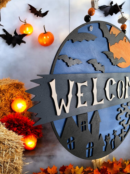 Halloween Welcome Door Sign – Round Wooden Haunted House Wall Decor – Spooky Fall Porch Decoration