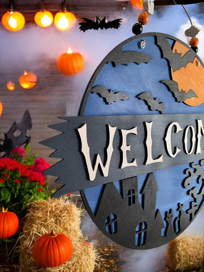 Halloween Welcome Door Sign – Round Wooden Haunted House Wall Decor – Spooky Fall Porch Decoration