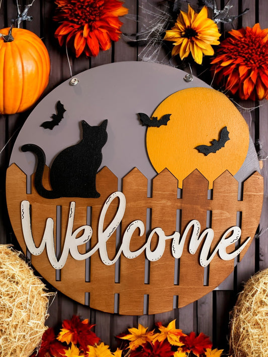 Black Cat & Moon Welcome Halloween Door Sign – Wooden Round Porch Décor