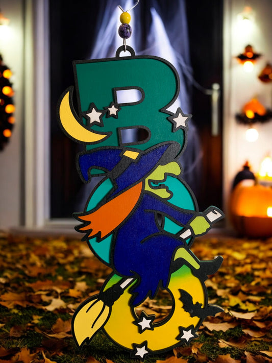 Handmade Wooden Halloween Boo Sign – Witch on Broom – Detailed Painted Door or Wall Décor