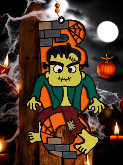 Handmade Frankenstein Boo Sign – Wooden Halloween Door Hanger – Spooky Front Porch & Party Wall Décor